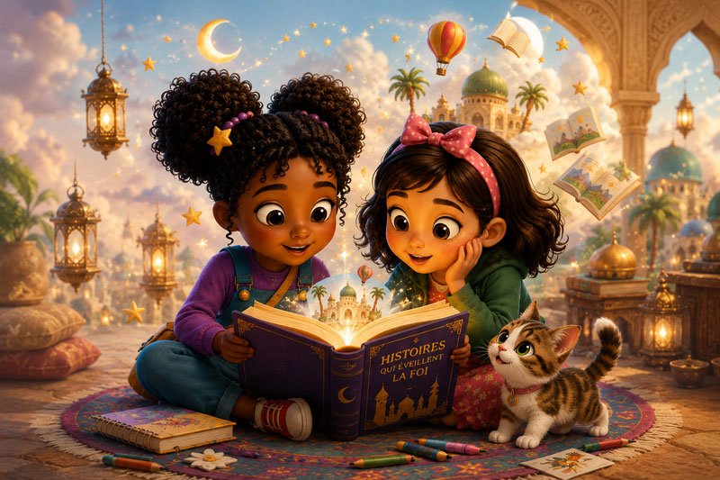 Enfants musulmans lisant une histoire illustrée